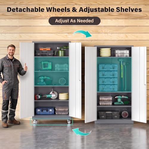 SISESOL 75" Tall Gray White Metal Storage Cabinet with Wheels and Shelves - Image 5