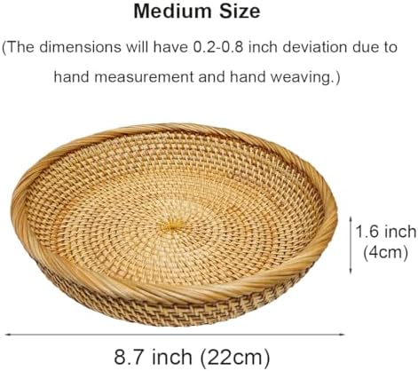 RT&BS Round Rattan Bread Basket, Rattan Fruit Basket, Rattan Decorative Tray, Rattan Keys Tray, Handwoven Storage Baskets for Kitchen, Dining Room, Store, Restaurant, Bathroom (M) - Image 4