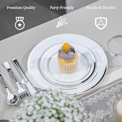 N9R 600PCS White and Silver Plastic Plates, Disposable Dinnerware Set - Image 4