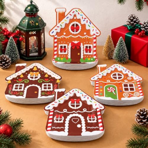 FOIMAS 48pcs Christmas Paper Plates, 9.3 Inch Christmas Gingerbread House Plates Disposable Christmas Party Paper Plate Tableware for Xmas Party Supplies Winter Holiday Birthday Kitchen Table Decor - Image 4