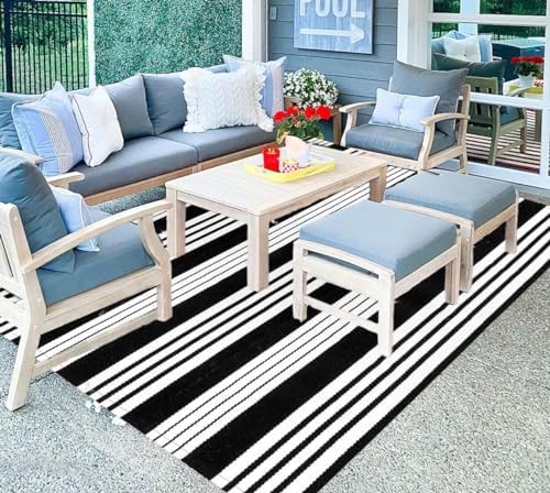 Black and White Outdoor Patio Rug 4'x 6',Cotton Porch Outdoor Area Rug by BUAGETUP