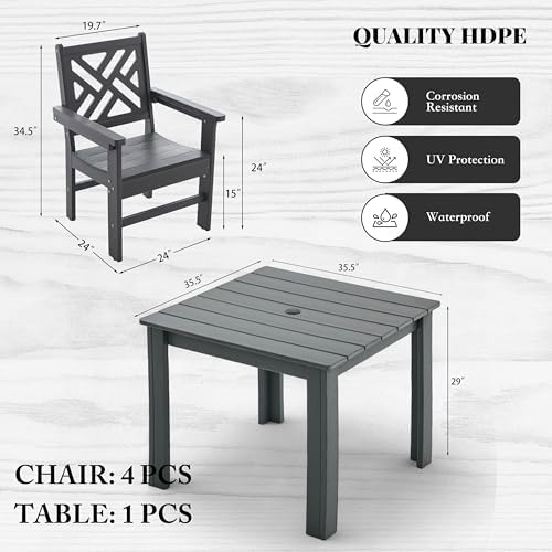 HDPE Outdoor Dining Set,5-Piece Outdoor Table and Chairs Include 4 Armchair Chairs and 35.5" Square Patio Dining Table with Umbrella Hole (Gray) - Image 4