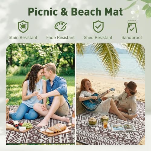 MontVoo Outdoor Rug 8x10 Waterproof Outdoor Patio Rug Mat Reverisble Plastic Straw Outdoor Rug for RV Camping Picnic Beach Balcony Boho Beige Brown - Image 5