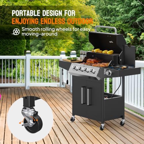 ROVSUN 4 Burner Propane Gas Grill with Side Burner, 58,000BTU BBQ Grills with Enameled Cast Iron Grates, Shelf & Cabinet for Outdoor Garden Patio Backyard Barbecue Cooking - Image 4