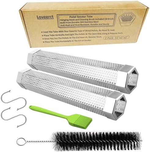 2 Pack 12" Smoker Tube, Pellet Smoker Tube Stainless Steel for BBQ Grill - 5 Hours Billowing Smoke for Hot/Cold Smoking Cheese, Meat, Fish, Hexagon Design, Includes Hooks, Basting & Cleaning Brushes by LOVEERCT
