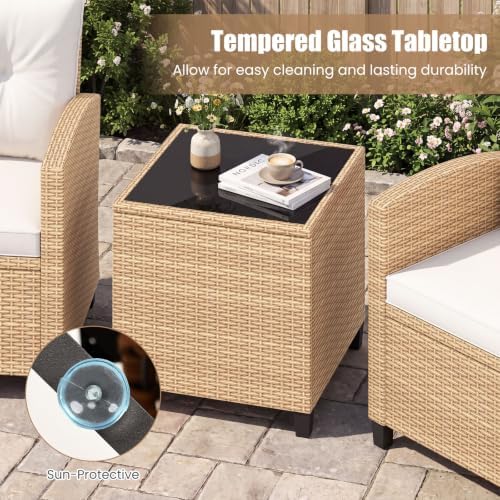 Tangkula 3 Pieces Patio Furniture Set, PE Rattan Wicker 3 Pcs Outdoor Sofa Set w/Washable Cushion and Tempered Glass Tabletop, Conversation Furniture for Garden Poolside Balcony (Light Brown -White) - Image 7
