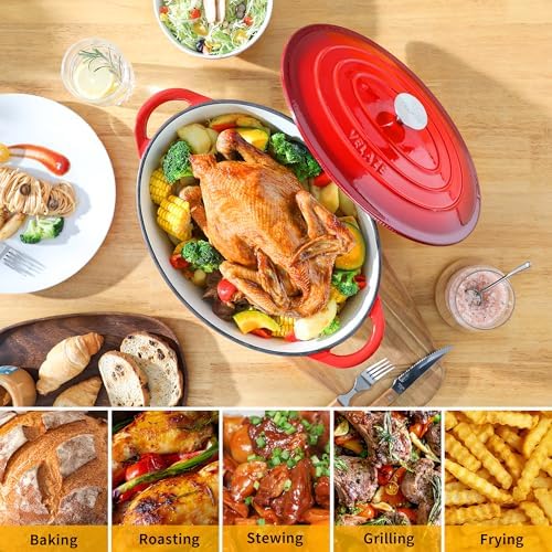 Velaze 7.5 QT Oval Enameled Cast Iron Dutch Oven Pot with Lid,Red - Image 6