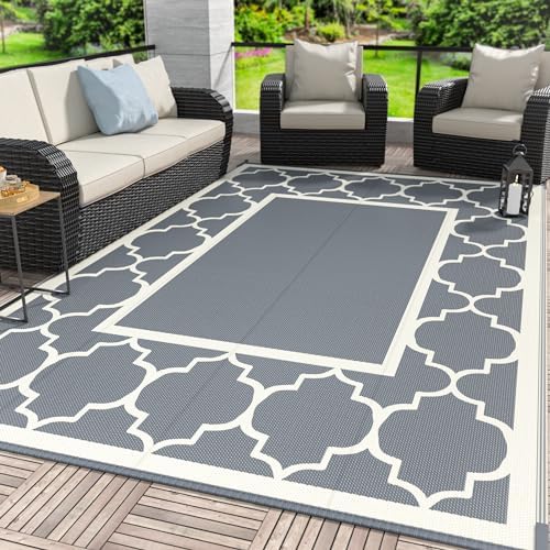 GENIMO Outdoor Rug, Waterproof Plastic Rugs for Patio, 6'x9' Grey White by GENIMO