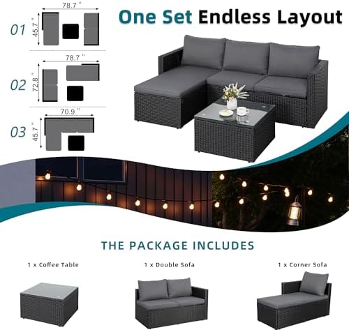 SUNLEI Patio Furniture Set with Detachable Soft Cushions, Outdoor PE Rattan Patio Conversation Sofa Set, 3-Piece Patio Sectional Sofa with Glass Coffee Table (Black Rattan&Charcoal) - Image 5