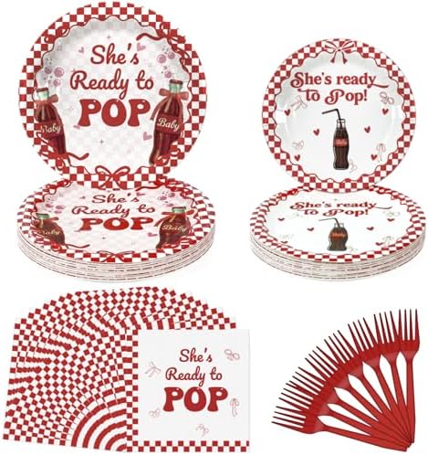 She's Ready to Pop Party Decorations 25 Guests，125 Pcs Baby Shower Paper Plates Napkins Forks Set Tableware，Disposable Red Gingham Paper Plates Set for Camping, Picnic, Baby Shower Party Decoration by Rokochoes