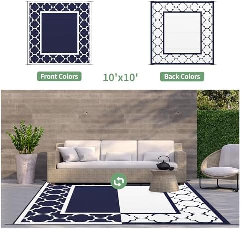 GENIMO Outdoor Rug, Waterproof Plastic Rugs for Patio, 10'x10' Blue White - Image 5