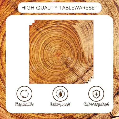 Wood Grain Slice Party Decorations 48Pcs Disposable Camping Hunting Plates Napkins Forks Supplies for Forest Baby Shower Decor Rustic Wood Slice Birthday Party Decorations - Image 4