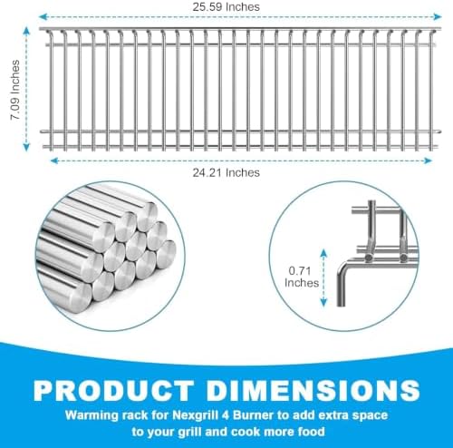 Grill Warming Rack for Home Depot Nexgrill 4 Burner 720-0830H, 25.59" Stainless Steel Nexgrill Top Grill Rack for Nexgrill Replacement Parts, Upper WarmingRack for Expert Grill 4 Burner 720-0789H - Image 2