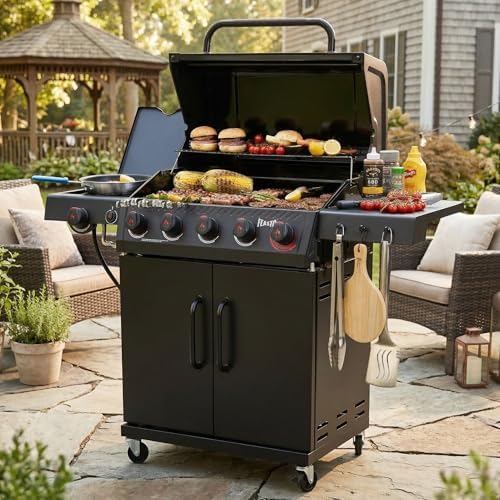 Feasto 5 Burner Propane Gas Grill with Side Burner and Sear Burner, Black - Image 2