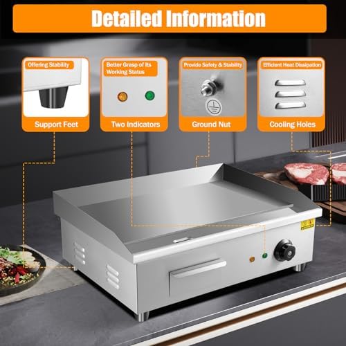 Commercial Electric Countertop Griddle, 110V 3000w Stainless Steel Teppanyaki Grill Indoor Outdoor, 3000W Countertop Flat Top BBQ Plate with 50-300℃ Adjustable Temp Control for Restaurant Snack Truck - Image 5