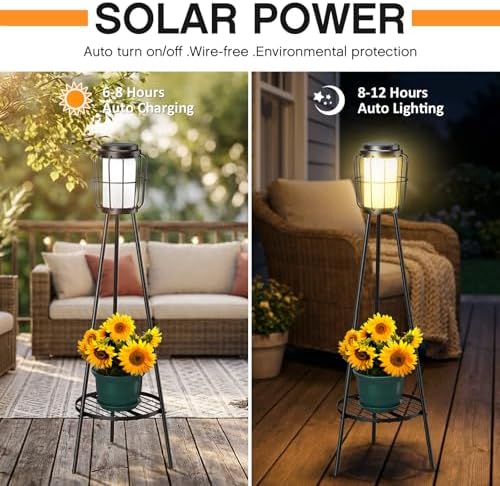 MXwcy 2 Pack Solar Lights Outdoor with Plant Stand, Waterproof Solar Floor Lamp & Tall Metal Planter Holder for Outside, Decorative Tripod Pathway Lantern for Patio, Garden, Porch, Yard Decor - Image 2