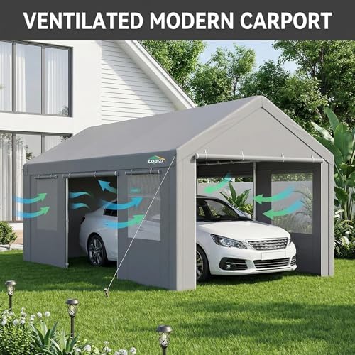 COBIZI 12x20 FT Heavy Duty Carport with Galvanized Frame, Gray - Image 4