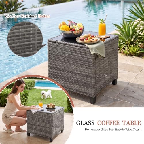 Vongrasig 5 Piece Patio Furniture Set, Small Balcony Furniture, PE Wicker Rattan Patio Chairs Set of 2, Outdoor Lounge Chairs with Cushions Ottomans &Glass Table for Porch Garden(Light Grey) - Image 6
