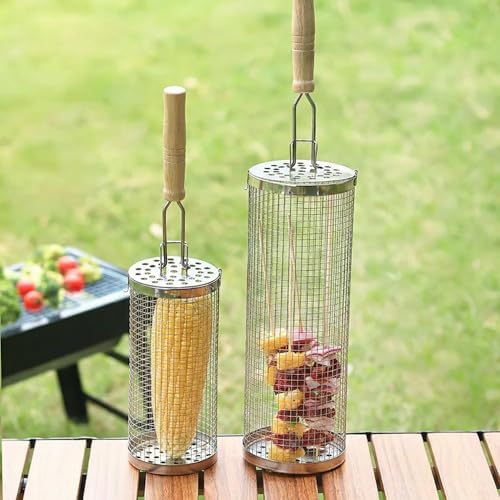 Rolling Grill Basket Set, 2‑Piece Stainless Steel Grilling Baskets, Nesting Design with Removable Wooden Handle, Perfect for Vegetables, Shrimp, Camping, Backyard BBQ – Ideal Grilling Gift for Men - Image 4