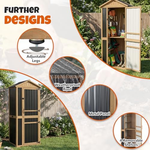 4-Tier Metal & Wood Outdoor Storage Cabinet with Reinforced Frame, Weatherproof Asphalt Roof, Adjustable Shelves, Lockable Doors for Patio, Garden, Garage Organization - Image 6