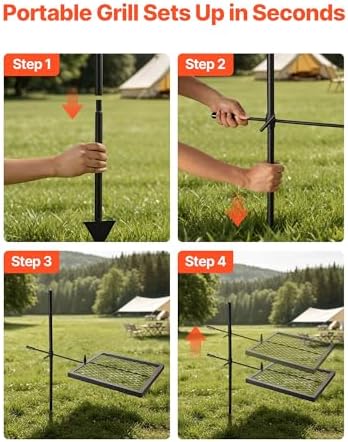 VEVOR Heavy Duty Swivel Campfire Grill, 16" Portable Camping Grill Grate, Sturdy Steel BBQ Mesh, 360° Height Adjustable Over Fire Pit Equipment with Carrying Bag, for Outdoor Open Flame Cooking - Image 6