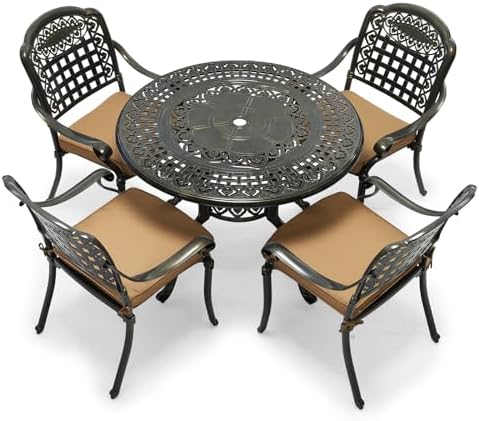 VIVIJASON 5-Piece Patio Furniture Dining Set, All-Weather Cast Aluminum Outdoor Conversation Set, Include 4 Cushioned Chairs and 1 Round Table w/Umbrella Hole for Balcony, Lawn, Garden, Backyard by VIVIJASON