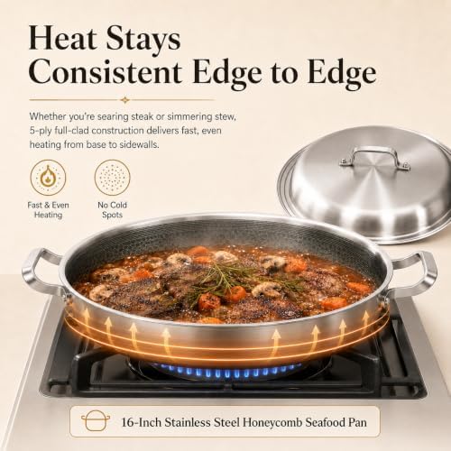 DELARLO 16 Inch Stainless Steel Nonstick Paella Pan with Lid - Image 5