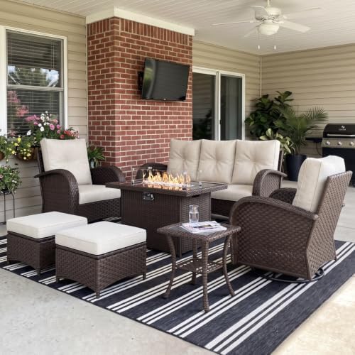 LayinSun 7 Pieces Outdoor Patio Furniture Set with Fire Pit Table by LayinSun