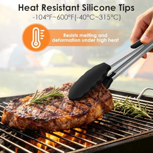 HOTEC Stainless Steel Kitchen Tongs with Silicone Tips, Set of 2-9" and 12" - Image 3