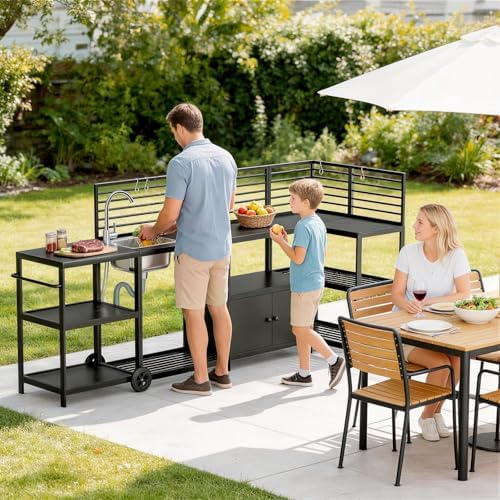 LEVELEVE Modular Outdoor Kitchen Island 5-Piece Set, Aluminum Outdoor Kitchen Cabinets Prep Station with Sink, Built-in Storage & Shelves for Patio, Backyard & Deck - Image 7