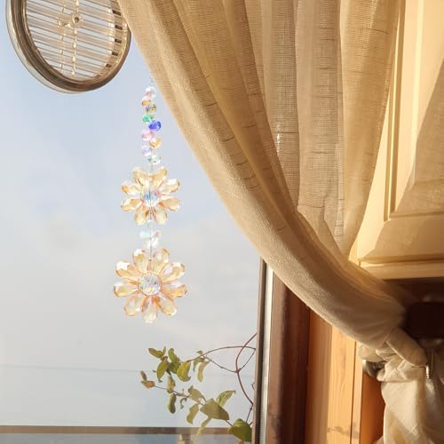 Crystal Flower Suncatcher Hanging Ornament, Rainbow Maker Window Sun Catcher Indoor Outdoor Patio Garden Decor (Gold) - Image 3