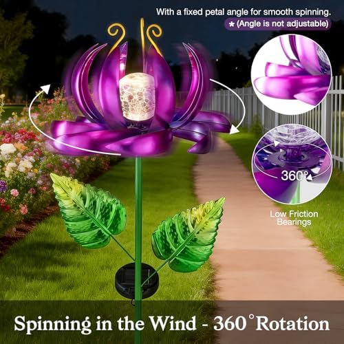 Garden Decor Solar Wind Spinners- Metal Lotus Flower Yard Lights LED Crackle Glass Globe Yard Art Sculpture Solar Stake Lights for Patio Pathway Lawn Walkway(Purple-Large) - Image 4