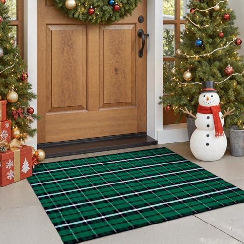 OJIA Christmas Front Door Mat Outdoor 24"x36" Green Plaid Rug Porch Decor - Image 3