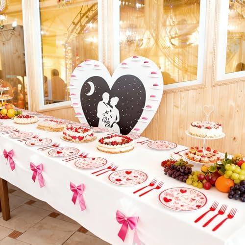 100 Pcs Valentine’s Day Heart Tableware Party Supplies Set, Serves 25 – Disposable Pink & Red Heart Paper Plates, Napkins, and Forks for Romantic Dinner, Bridal Shower, Love-Themed Party Decorations - Image 5