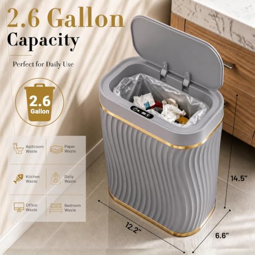 Ogikey Bathroom Small Trash Can with Automatic Touchless Lid, 2.6 Gallon Smart Garbage Can Narrow Waterproof Trash Bin for Bedroom, Office, Living Room (2.6 Gallon-Grey) - Image 2