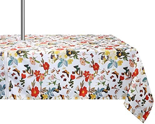 ColorBird Summer Floral Outdoor Tablecloth Water Resistant Spillproof Bloom Botanical Print Polyester Fabric Table Cover with Zipper Umbrella Hole for Patio Garden Tabletop Decor, 60 x 84 Inch by ColorBird