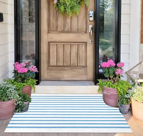 Front Outdoor Door Mat 2'x3',Light Blue Striped Outdoor Rug Machine Washable Cotton Layered Door Mat Entryway Throw Rug for Indoor Entrance - Image 7