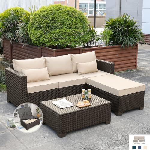 Oasishine 3 Pcs Patio Furniture Set Outdoor Sectional Wicker Patio Furniture Patio Couch Outdoor Storage Table with Lining All-Weather Non-Slip Cushions Waterproof Covers, Khaki - Image 3