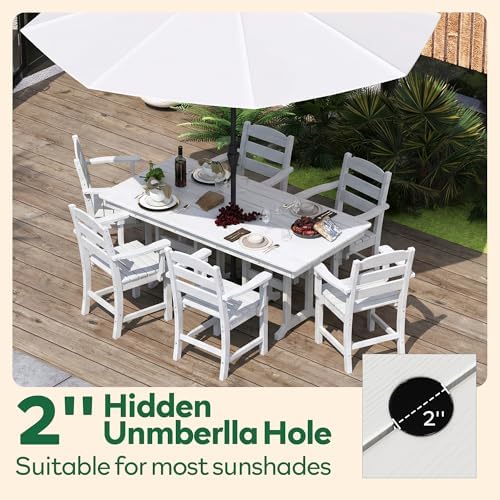 HOPUBUY 7 Pieces Patio Dining Set for 6, 71" HDPE All-Weather Patio Table and Chairs Set with Umbrella Hole, Durable Outdoor Furniture Set for Garden, Backyard, Lawn & Poolside (White) - Image 3
