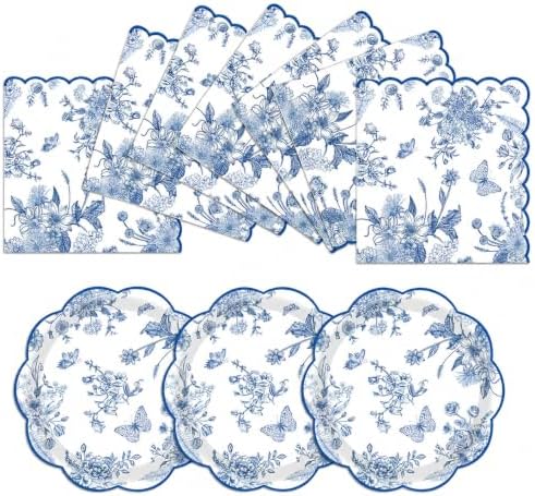 50 Pcs Blue Floral Plates and Napkins, Blue Floral Party Supplies by Actoridae