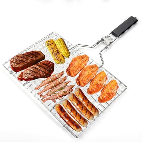 Fish Grill Basket BBQ Grilling Rack Kabob Veggies Shrimp Stainless Steel Cage Holder with Cleaning and Oil Brushes Oven Gloves - Image 5