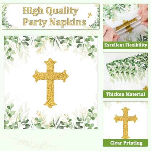 God Bless Tableware Set Baptism Plates First Holy Communion Plates and Napkins Mi Bautizo Eucalyptus Leaves Sage Disposable Dinnerware for Christening Baby Shower Party Supplies Serve 24 - Image 4