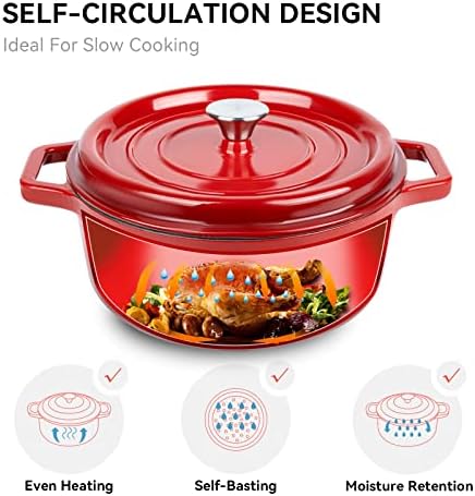 Miereirl 6.5 Quart Enameled Dutch Oven Pot with Lid, Cast Iron Dutch Oven with Dual Handles for Bread Baking, Cooking, Non-stick Enamel Coated Cookware (Red) - Image 2
