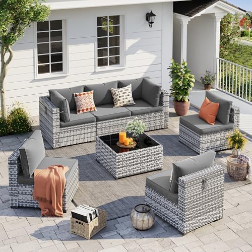 UDPATIO Outdoor Patio Furniture Set 7 Pcs Wicker Sectional Sofa Grey by UDPATIO