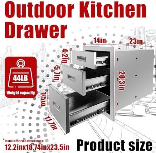 Outdoor Kitchen Triple Layer Drawer 14'' W x 20.3'' H x 23'' D Flush Mount BBQ Access Drawers Stainless Steel BBQ Island Drawers with Handle Suitable for Outdoor Kitchen Island Grill Station - Image 3