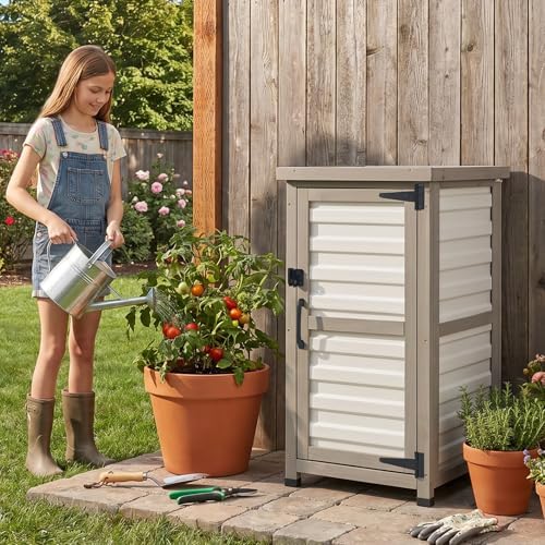 Small Outdoor Storage Cabinet with Waterproof Metal Top, White Wood & Plastic Potting Bench Table with Removable Shelf, Outside Cabinets Work Station for Patio, Balcony,17.9''x17.9''x33.5'' - Image 3