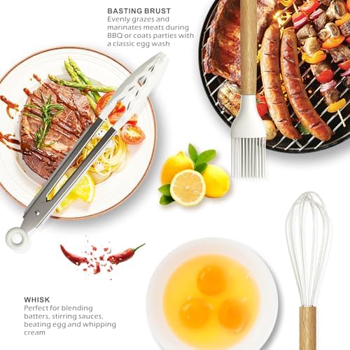 oannao Silicone Cooking Utensils Set - 446°F Heat Resistant Silicone Kitchen Utensils for Cooking,Kitchen Utensil Spatula Set w Wooden Handles for Non-Stick Cookware, BPA FREE (Cream White) - Image 4