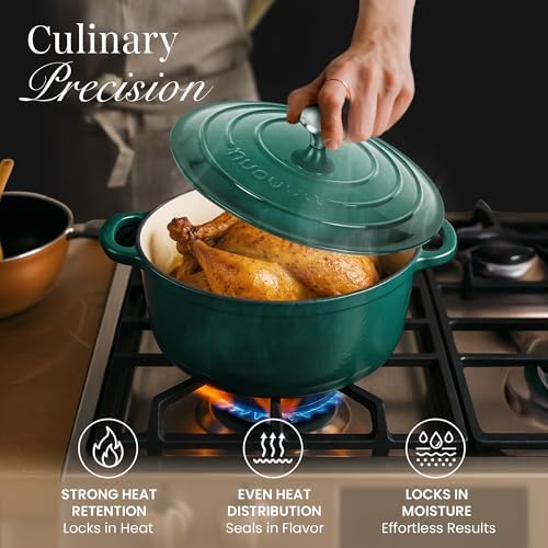 Cast Iron Dutch Oven with Lid - Non-Stick Ovenproof Enamelled Casserole Pot - Sturdy Dutch Oven Cookware - Dark Green, 5-Quart, 24cm - by Nuovva - Image 6