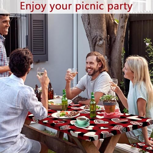 Valentines Day Picnic Table Cover with Bench Covers, Camping Essentials, Heart Buffalo Plaid Outdoor Table Covers, Waterproof Windproof, Fitted Tablecloth Cover with Elastic Edge, 3 PCS, 30x60 Inch - Image 2