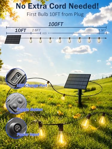 100FT Solar String Lights Outdoor, Dimmable Patio Lights Solar Powered with Remote & USB Port 35+1 LED Shatterproof Bulbs 3 Light Modes, Waterproof Solar Light for Camping Backyard Garden - Image 6
